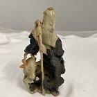 Antique Carved Chinese Soapstone of Old Man with Staff and Deer on Left