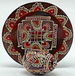 Vintage Wooden Hand Painted Easter Egg on Mini Plate Ukrainian Pysanka Folk Art - Picture 1 of 8