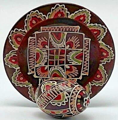 Vintage Wooden Hand Painted Easter Egg on Mini Plate Ukrainian Pysanka Folk Art - Image 1 of 4