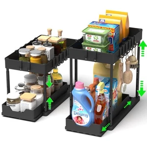 Under Sink Organizers and Storage 2 Pack - Height Adjustable 2 Tier Sliding B... - Picture 1 of 7