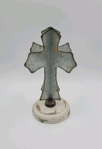 Metal Cross Rusty Look W/Distressed Wood Base Desktop Shelf Sitter - Picture 1 of 9