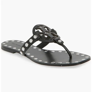 Tory Burch Size 10.5 Black Leather Studded Miller Thong Sandals Flip Flops - Picture 1 of 12