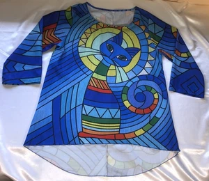 Tunic Top Art to Wear Kaleidoscope Geometric Novelty Colorful Cat Graphic Sz 2XL - Picture 1 of 8