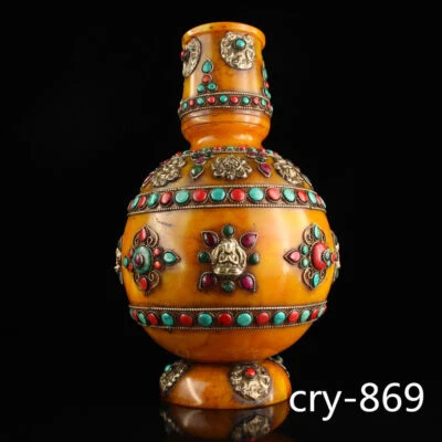 12.4" China ancient Tibet Handmade Inlaid gem Beeswax vase - Image 1 of 4