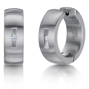 Men's Titanium Earrings Hinged Hoop Fine Brushed Matt CZ Earrings, Single/Pair - Picture 1 of 5