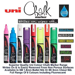 Uni Liquid Chalk Marker Pen Colour Blackboard Menu Glass Windows Fluro Wet Wipe - Picture 1 of 11