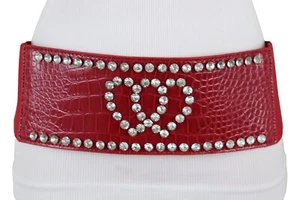 Women Red Color Elastic Fabric Wide Fashion Belt Hip Waist Silver Heart Size S M - Picture 1 of 23