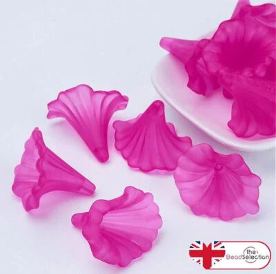 10 LARGE FROSTED LUCITE ACRYLIC LILY TRUMPET FLOWER BEAD 41mm  CERISE PINK LUC26 - Image 1 of 2