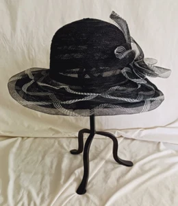 vtg Black/White sz 7 Floral Netting Bowler Hat Brim 15" Layered Twists and Turns - Picture 1 of 21