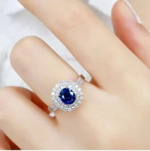 2.15 Ct Oval Natural Blue Sapphire Engagement Diamond Ring 14K solid white gold - Picture 1 of 4