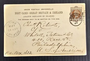 1884 Great Britain 1d Stamped Postcard cd London E-Philadelphia - Picture 1 of 2