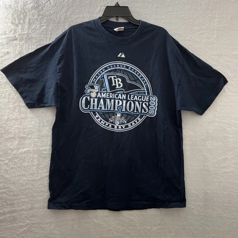 MLB Majestic T Shirt Mens XL Tampa Bay Rays AL Champions 2008 Blue Short Sleeve Cover