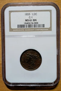 1855 C-1 BRAIDED HAIR HALF CENT (1/2C) NGC MS 61 BN - Picture 1 of 9