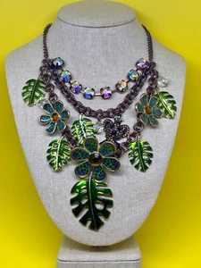 Betsey Johnson Asian Jungle Koala Bear Green Leaf Statement Bib Necklace - Picture 1 of 8
