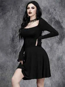 SHEIN Gothic Dark Halloween Black Mini Dress Women's High Waist Bow A-Line - Picture 1 of 2