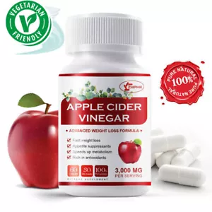 Apple Cider Vinegar 3000mg MAX STRENGTH Weight Loss Fat Burning Weight Loss Caps - Foto 1 di 9