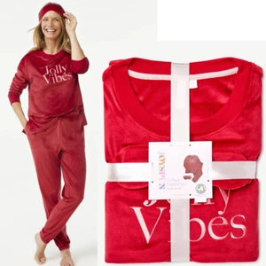 Joyspun Women's L 12-14 Velour Pajama Sleep Set with Eye Mask, 3-Piece Red Mark - Picture 1 of 11