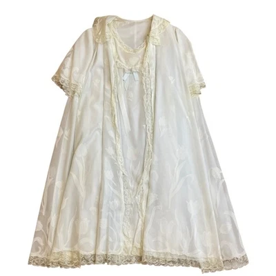 Odette Barsa Vintage White Floral Lace Trim Robe & Nightgown Set Lingerie - Image 1 of 4