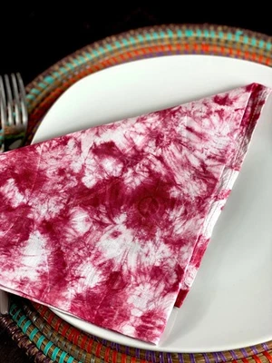 Hand Dyed Red Shibori Cotton Napkins: Boho Dining Table Decor (Set of 2) - Image 1 of 4