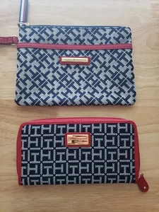Tommy Hilfiger Logo Muster Geldbörse & Kalbsleder Kosmetiktasche Reißverschluss Blau Rot - Bild 1 von 13