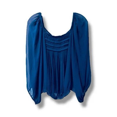 Max Studio Boho Top Blouse Womens S Blue Balloon Sleeve Sheer Pleated Flowy - image 1 of 4
