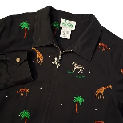 Quacker Factory Jacket Womens Medium Black Safari Jungle Zoo Animals Embroidered - Image 1 of 4
