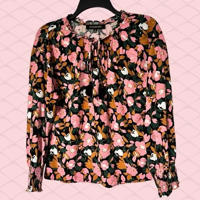 Pink Floral Boho Top Size Small Ruffle Tassel Smocked Wrist Flowy Blouse Keyhole - Изображение 1 из 4