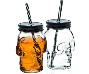 Totenkopf Einmachglas Becher Glas Becher Tasse mit Deckel und Strohhalm - 16oz, 2er Set - Bild 1 von 1