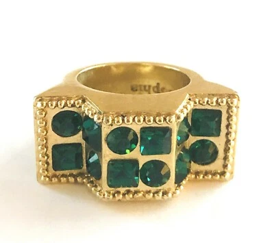 Anillo abstracto firmado LIA SOPHIA cristal verde estrás tono latón dorado talla 5,75 Foto 1 de 4