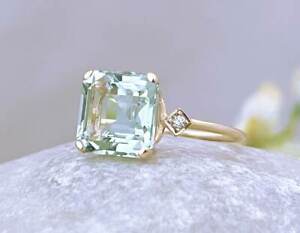 Natural Green Amethyst and Diamonds Engagement Ring 10k Yellow Gold ring