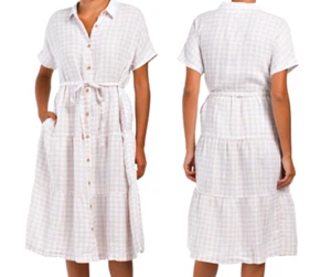 CYNTHIA ROWLEY 100% Linen Kimono Sleeves Checkered Tiered Shirt Dress in Beige M - Picture 1 of 12
