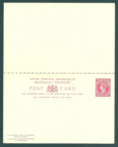 TRINIDAD Queen Victoria unsed 1d postal stationery reply card Cover