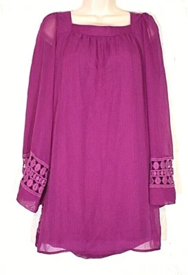 RETRO Silky XOXO Micro Mini Magenta Go-Go Dress w/Lace Bell Sleeves & Hem Size S - Image 1 of 4