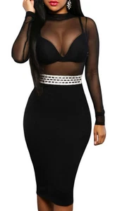 Abito donna vestito longuette maniche lunghe trasparente cintura in vita strass - Imagen 1 de 5