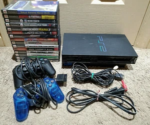 sony playstation 2 fat black gaming console w/ cords 2 controllers & w/ 15 games - Picture 1 of 9