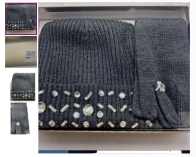 Kate Spade Jeweled Hat And Gloves Set New In Gift Box Gray - Image 1 of 4