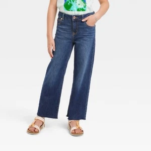 Girls' Mid-Rise Wide Leg Crop Jeans - Cat & Jack™ Dark Wash 7 Size - Picture 1 of 1