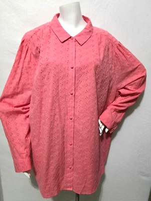 LC Lauren Conrad 4X Shirt Blouse Deep Pink Eyelet Button Up Collared Lined NEW - Image 1 of 4