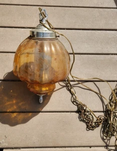 Vintage Glass Amber Hanging Lamp MCM with Gold Trim and Chain Flaking Paint - Picture 1 of 9