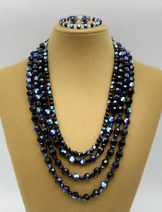 VINTAGE MULTI-STRAND BLACK PEACOCK CRYSTAL NECKLACE & EARRINGS SET - Picture 1 of 4