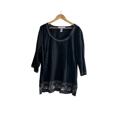 Blusa para mujer Lucy & Laurel 100 % lino negra talla 2X túnica bordada con cuentas Foto 1 de 4