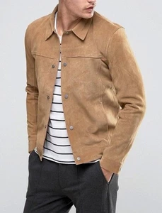 Men's Beige Real Suede Leather Trucker Jacket Western Style Zipped Coat - Picture 1 of 4