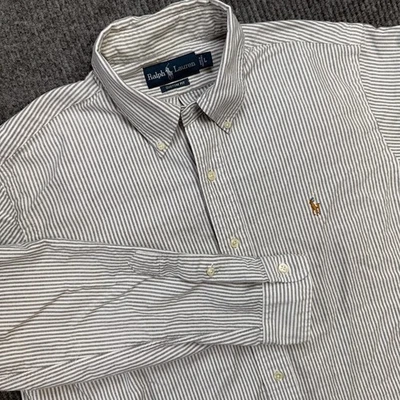 Camisa polo masculina vintage Ralph Lauren grande cinza branca listra de nogueira Oxford pônei - Imagem 1 de 4