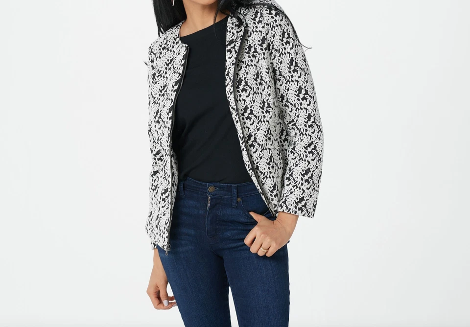 Chaqueta para mujer Isaac Mizrahi floral tejida jacquard cremallera frontal negra talla grande Foto 1 de 1
