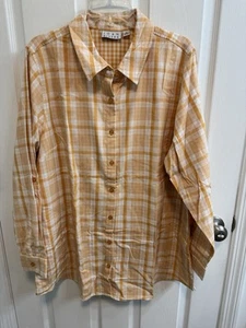 Joan Rivers XL Orange White Plaid Blouse Button Detail Behind Long Sleeve New - Picture 1 of 17