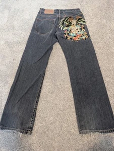 Ed Hardy Jeans Men's 32x31 Blue Embroidered Button Fly Skull Eagle Vintage - Picture 1 of 15