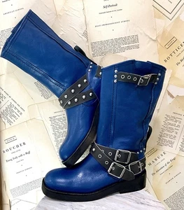 Free People We The Free Janey Engineer Boot Blue Leather Black Buckle 37/ 7 NEW - Picture 1 of 9