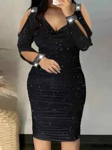 Elegant V-Neck Polyester Jersey Sparkly Dress With Ruching - Black - Size 26/5XL - Picture 1 of 24