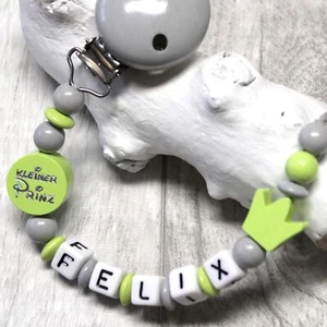 ♥ Schnullerkette mit Namen Junge ♥ kleiner Prinz Krone Grau Lemon Nuckelkette ♥ - Bild 1 von 1