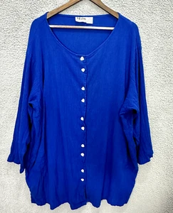 Vintage Button Up Top Womens 2X Main Street Blue Crinkle Gauzy Cotton Lagenlook - Picture 1 of 5